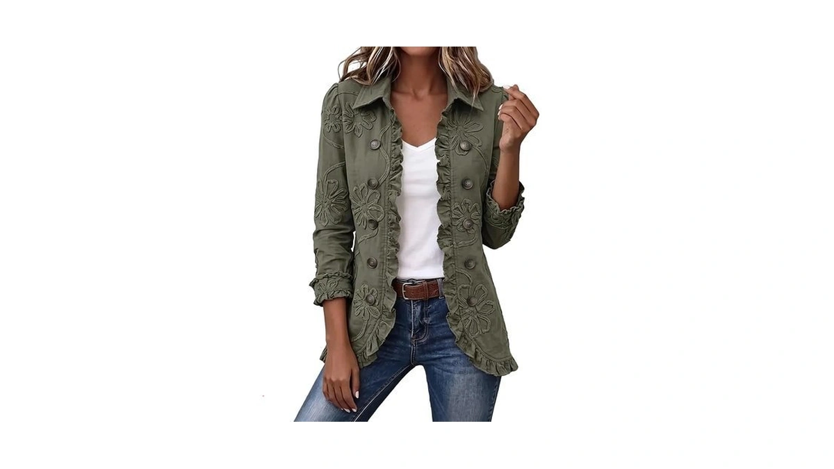 Open Front Jacket For Women Ruffle Trim Long Sleeve Button