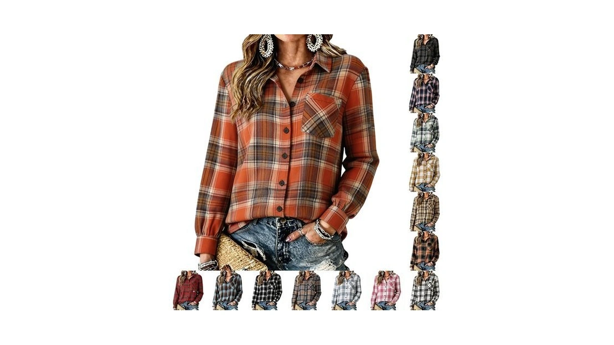 Red Plaid Shirt Women Collared Long Sleeve Button Down Shirt