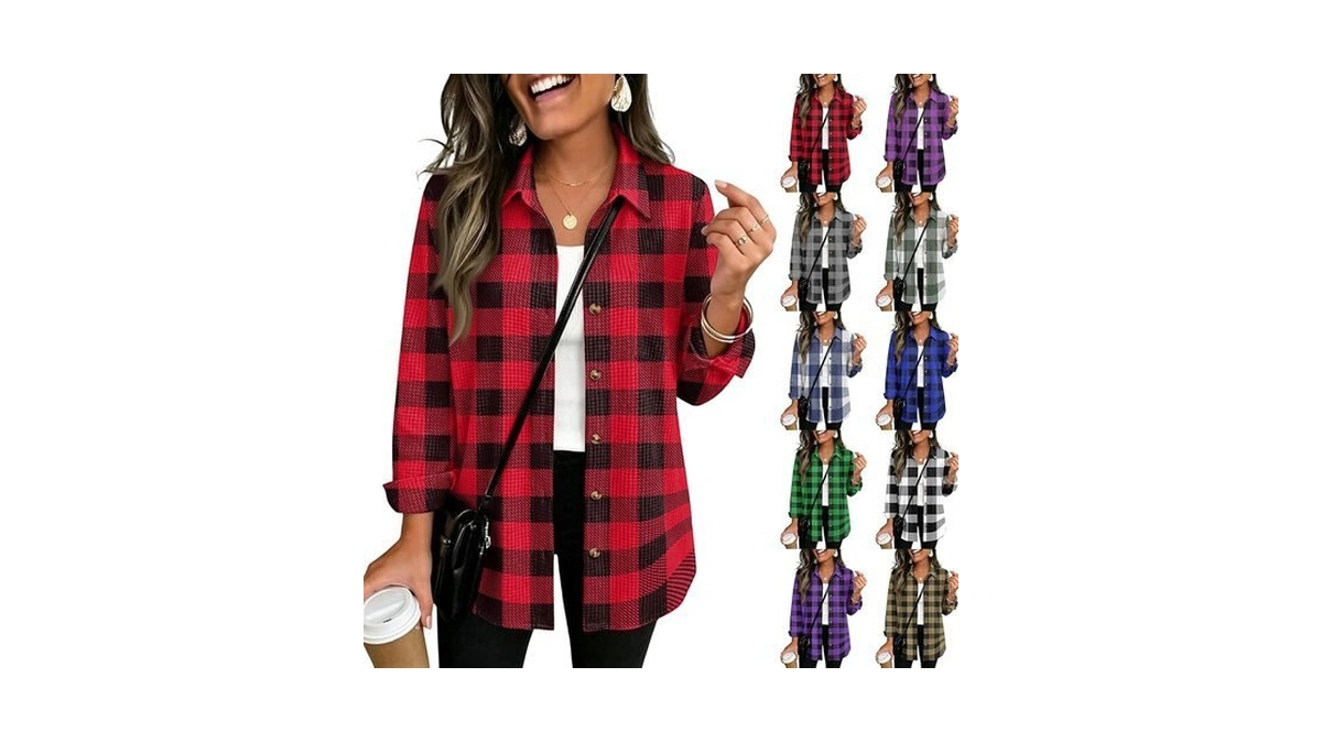 Flannel Shirt Women Cuffed Long Sleeve Plaid Button Down Business