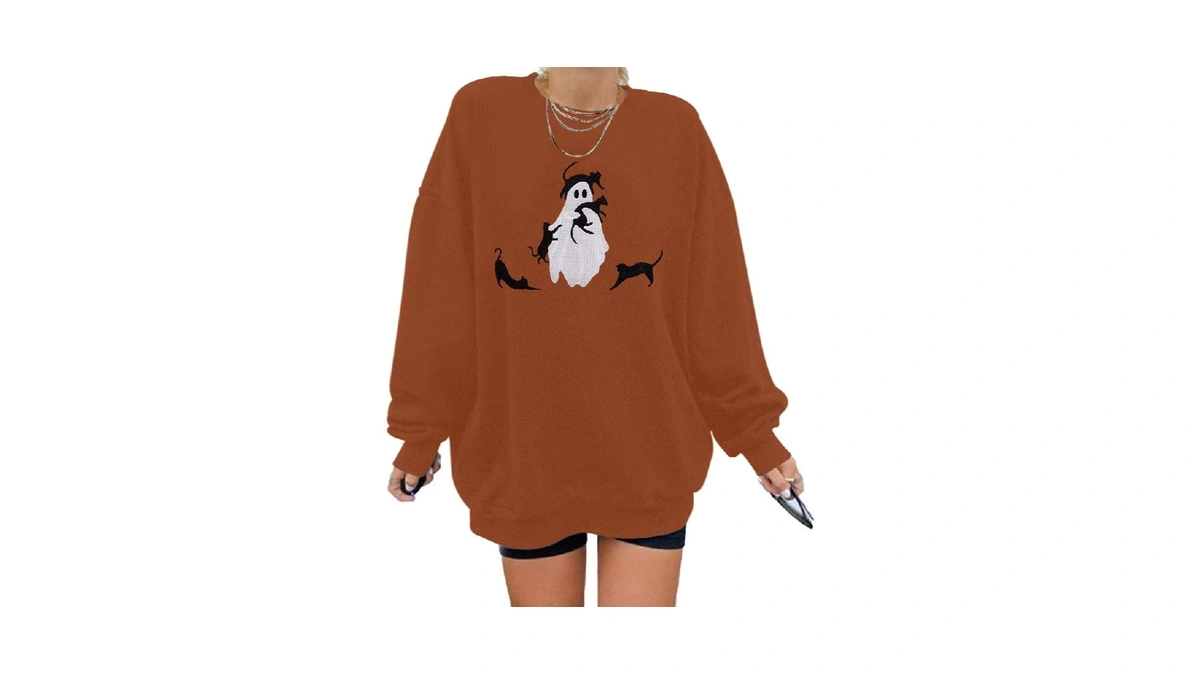 Halloween Spooky Season Sweatshirt Women Black Cat Ghost Sweatshirts