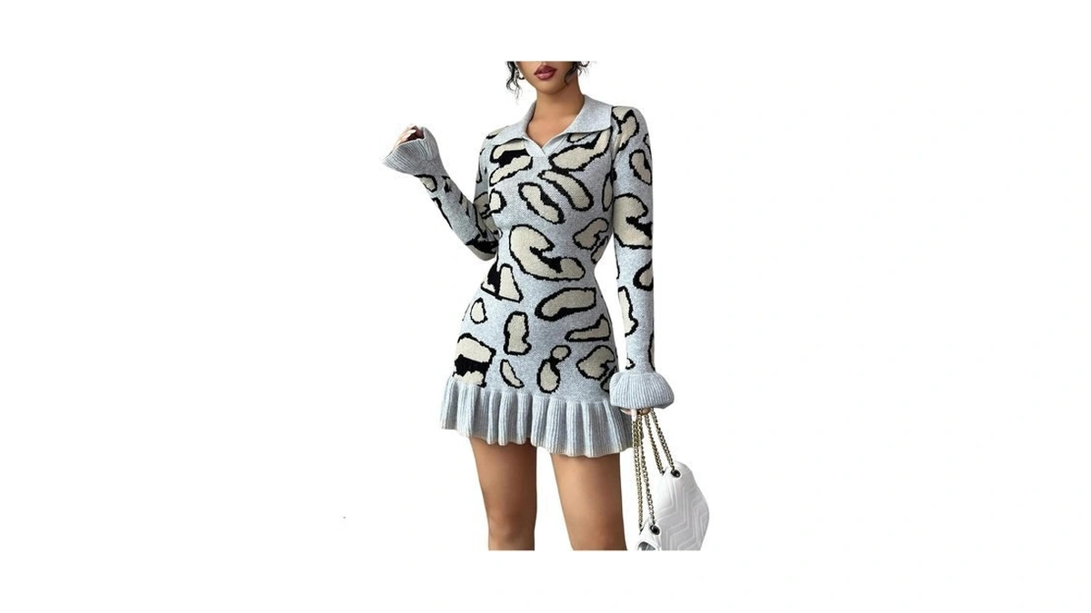Roseseek Women's Leopard Print Sweater Dress Cheetah Ruffle Hem Mini