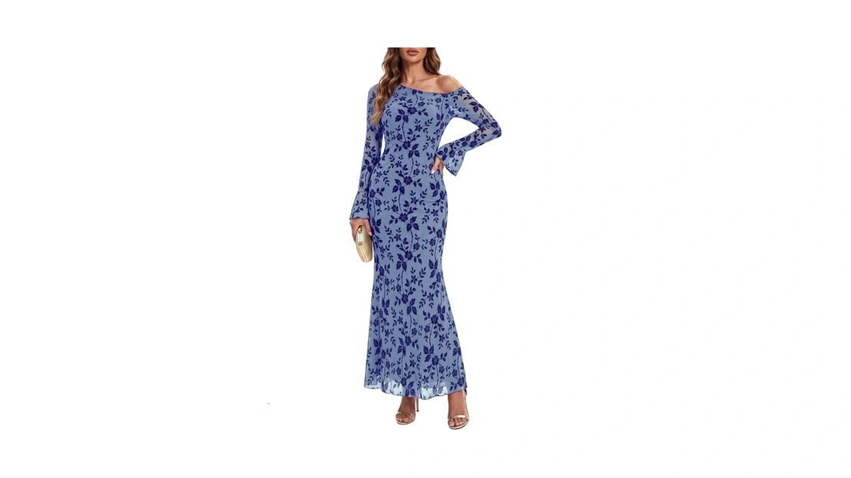 Mascomoda Womens One Off Shoulder Long Sleeve Floral Maxi Dress