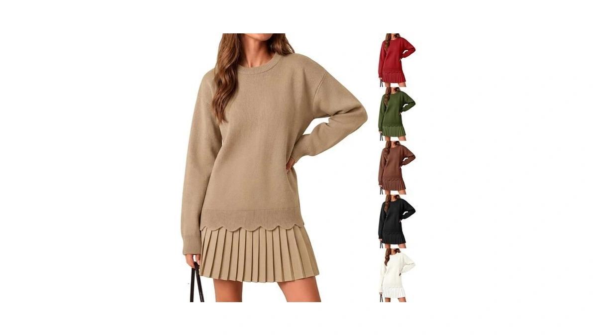 Womens Sweater Dress Long Sleeve Crewneck Cute Pleated Knit Mini