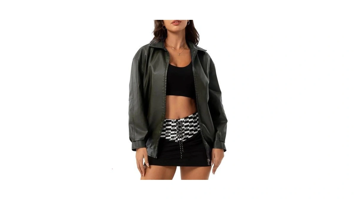 Hathne Women's Oversized Leather Jackets Faux Zip Up Fall Fashion