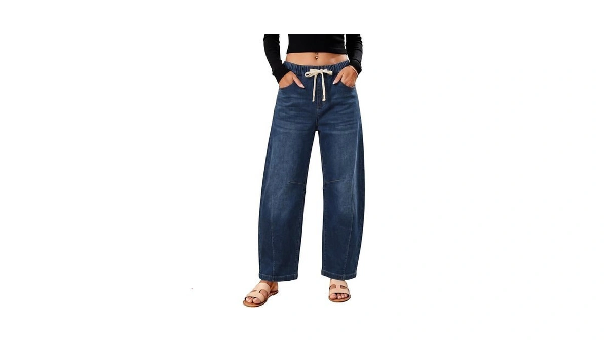 Vollisdan Women’s Barrel Jeans, Stretchy Wide Leg Drawstring High Waisted