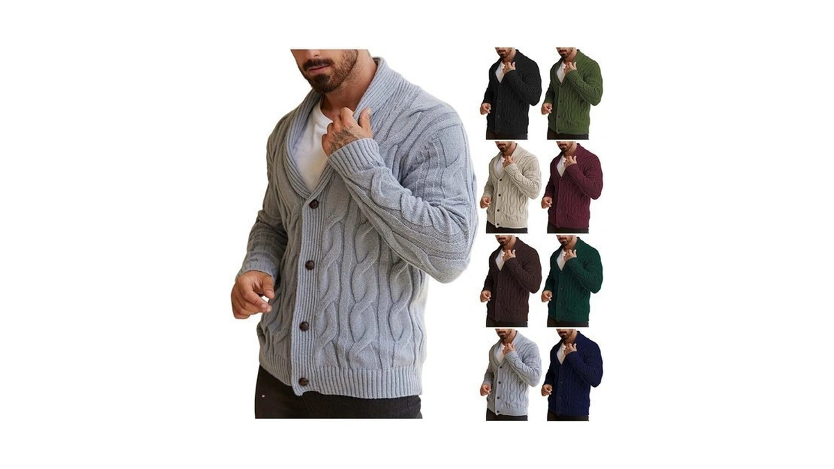 Terghtp Mens Cardigan Sweater Shawl Collar Cable Knit Button Up