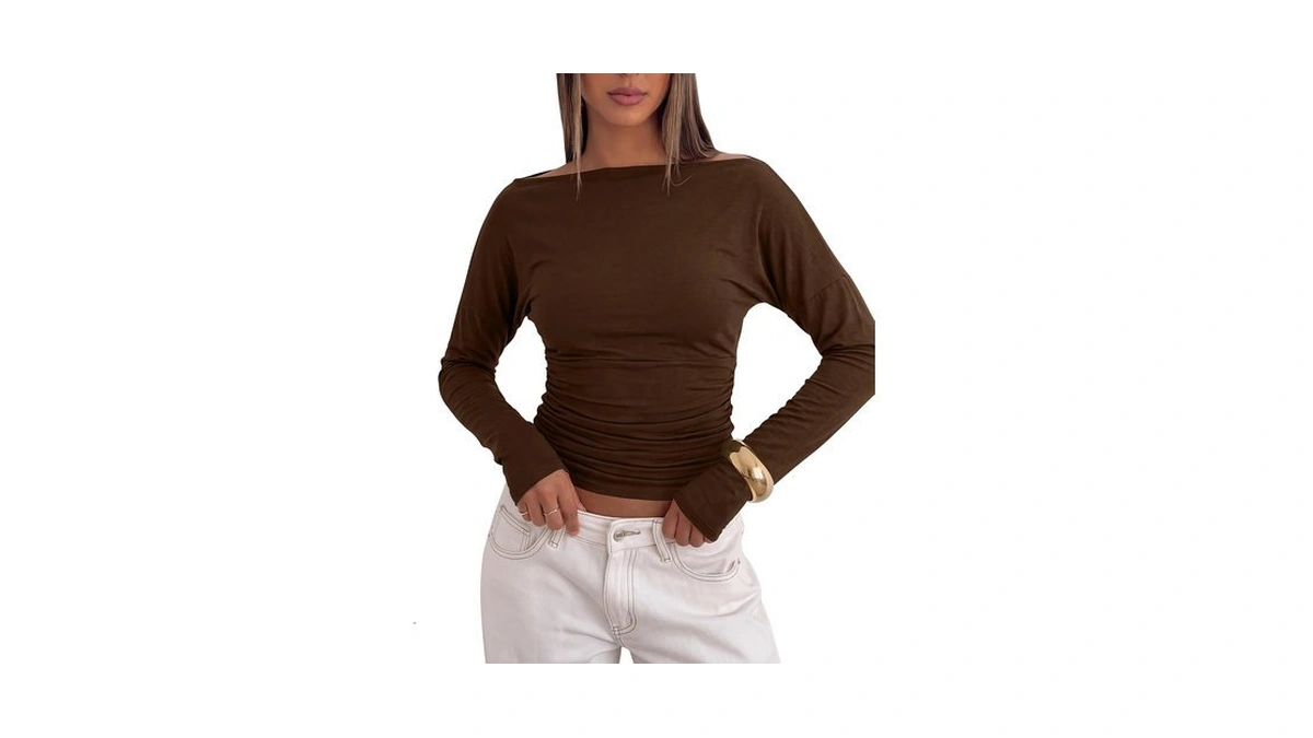 Aumora Womens Long Sleeve Tops Boat Neck Fitted Ruched Shirts