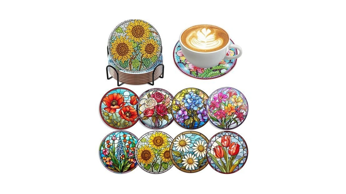 8 Pcs Flowers Diamond Art Coasters Kits, Diamond Painting Coasters