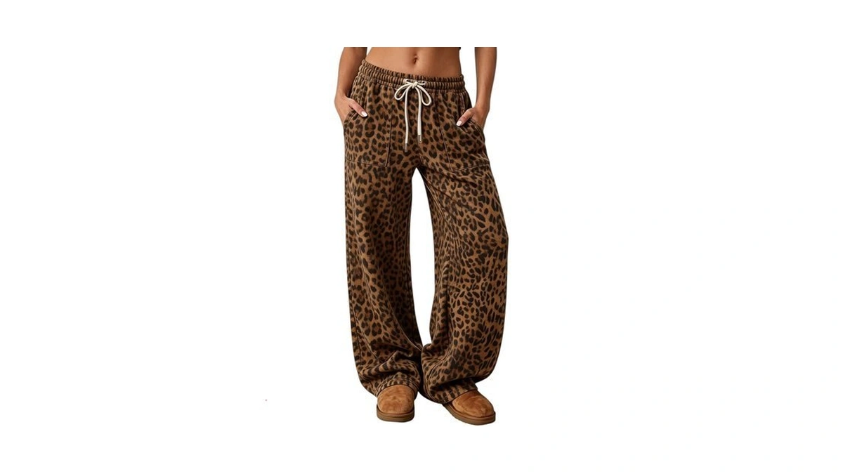 Barrel Leg Sweatpants Women Cotton Low Rise Baggy Leopard Print