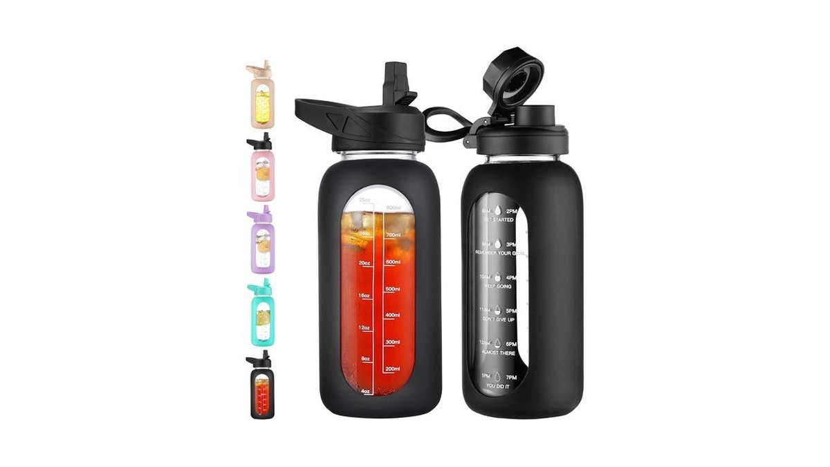 Civago 32 Oz Glass Water Bottle With Straw, Large Motivational