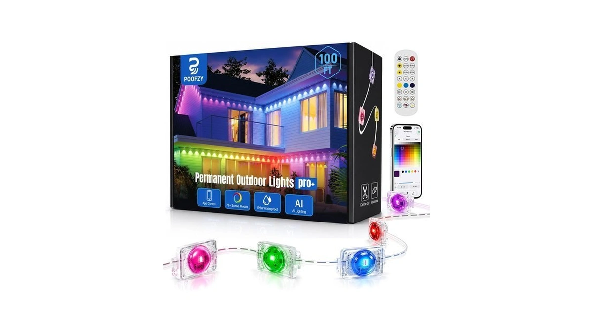 Poofzy Permanent Outdoor Lights 100ft, Rgb+ic Smart Outdoor Lights For