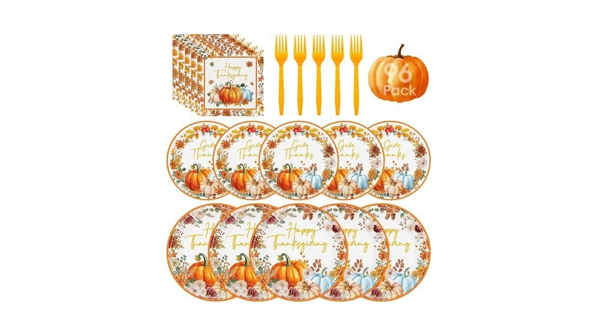 96 Pcs Happy Thanksgiving Plates And Napkins - Disposable Thanksgiving