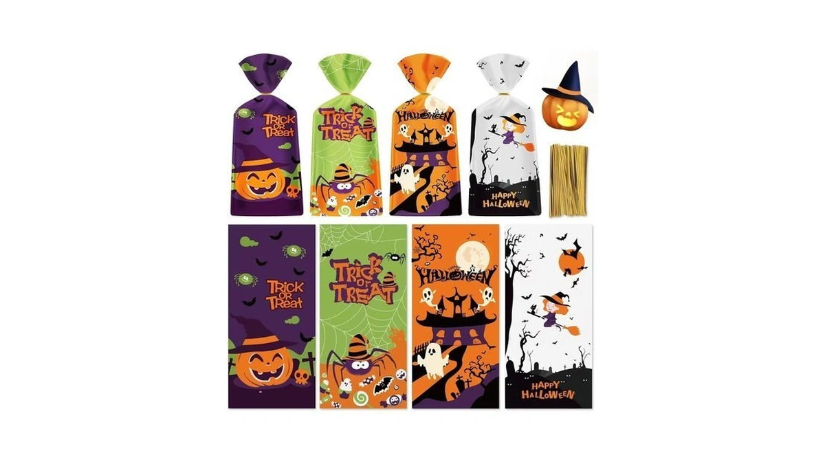 50 Pack Halloween Treat Bags - Plastic Halloween Goodie Bags,