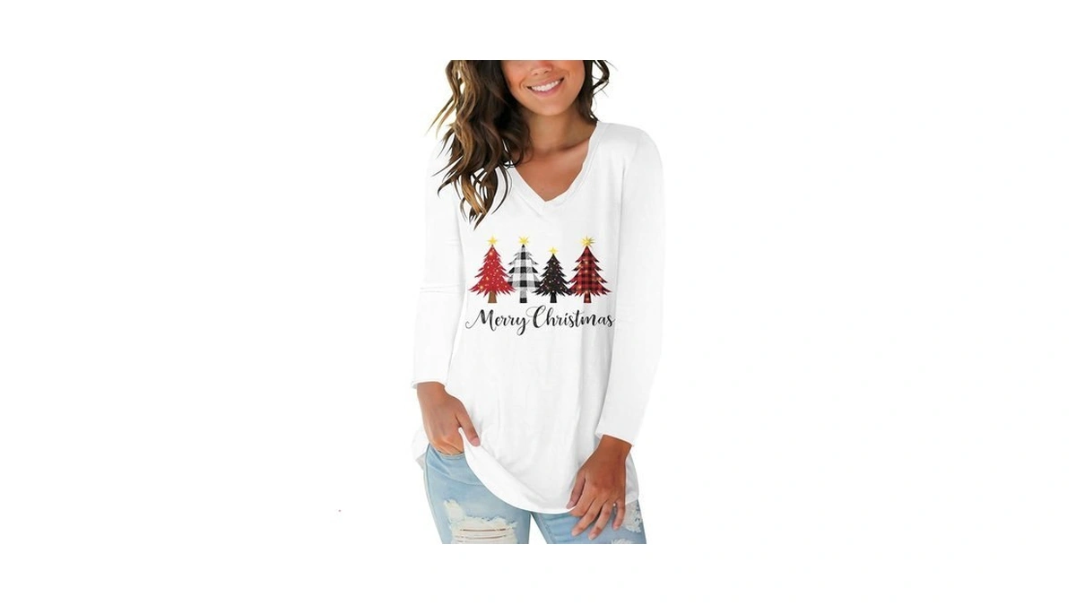 Tobrief Merry Christmas Tree Print Tshirt Women V-neck Long Sleeve