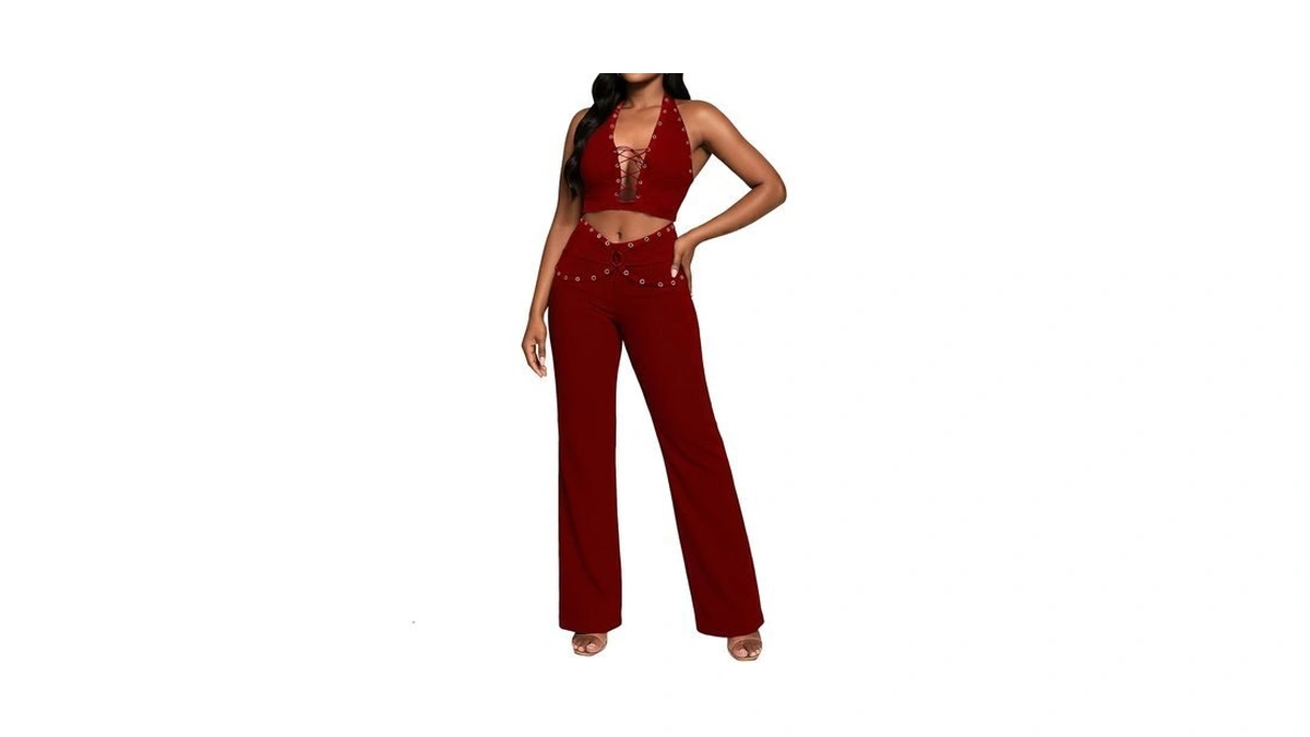 Wxn Women's 2 Piece Outfits Halter Lace-up Crop Top Wide