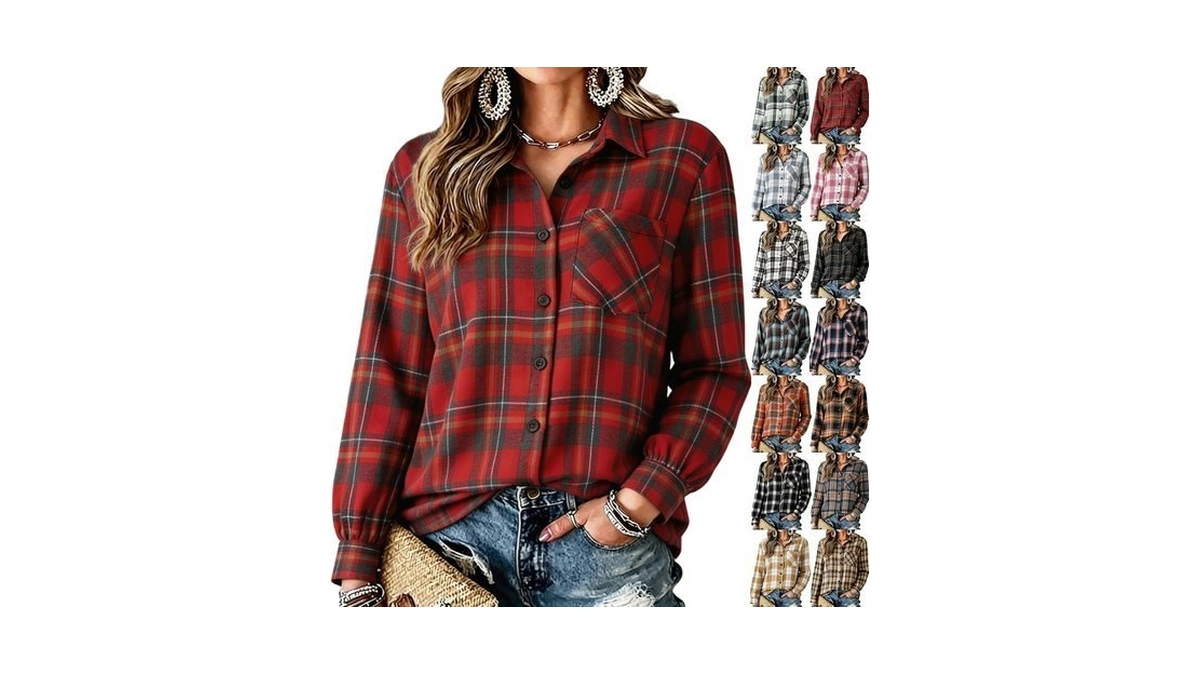 Womens Button Down Shirt Long Sleeve Plaid Collared Cute Spring