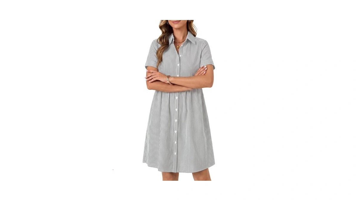 Rooscier Women's Short Sleeve Button Down Collared Mini Dress Gray