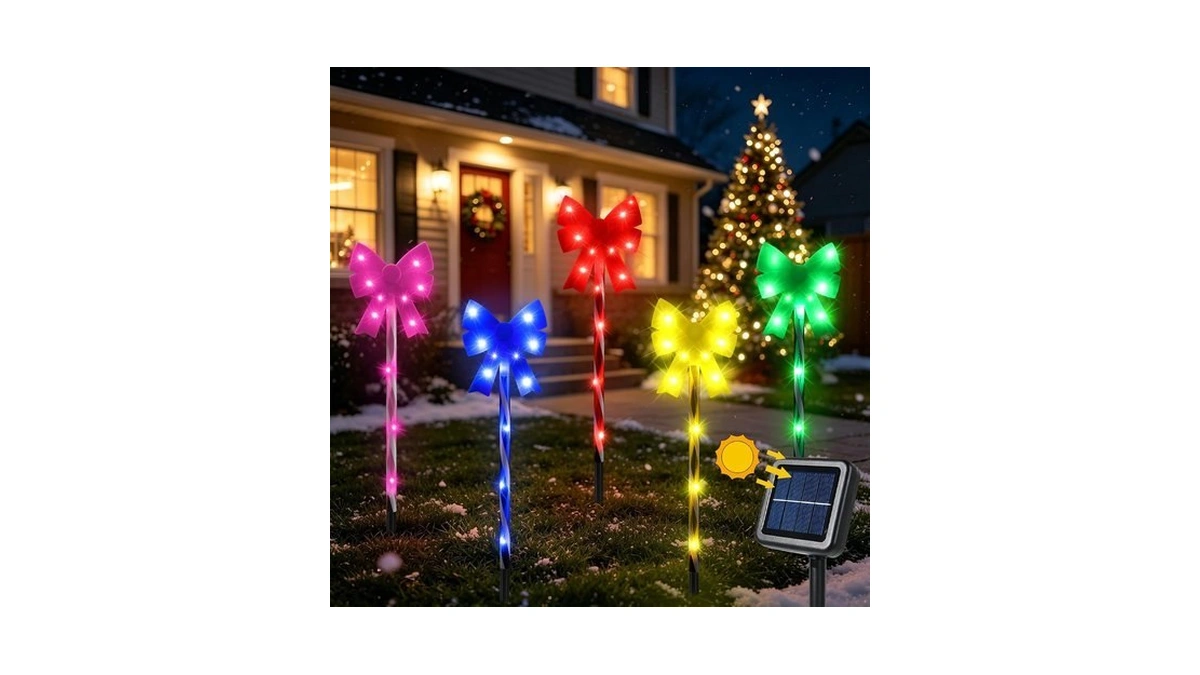 Solar 5pcs Christmas Bow 50led Outdoor String Lights With Stakes