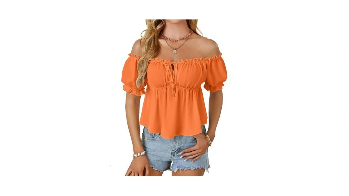 Vrtige Women's Off Shoulder Ruffle Trim Puff Short Sleeve Tie