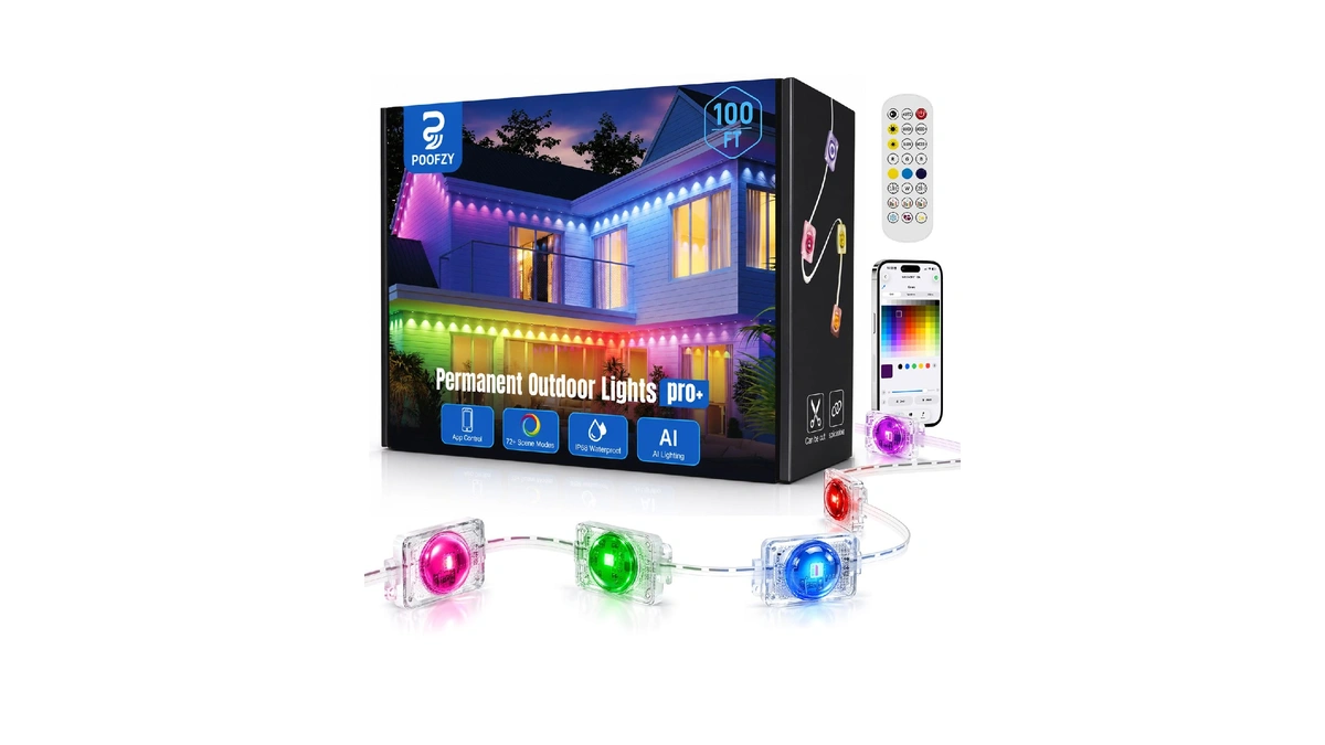 Poofzy Permanent Outdoor Lights 100ft, Rgb+ic Smart Outdoor Lights For