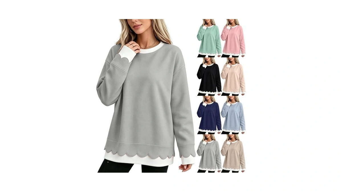 Womens Crewneck Sweatshirt Fake Two Piece Scalloped Oversized Hoodie