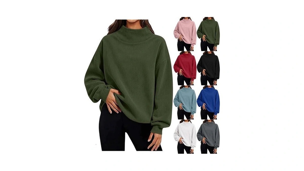 Women Turtleneck Corduroy Shirts Long Sleeve Loose Casual Pullover Tops