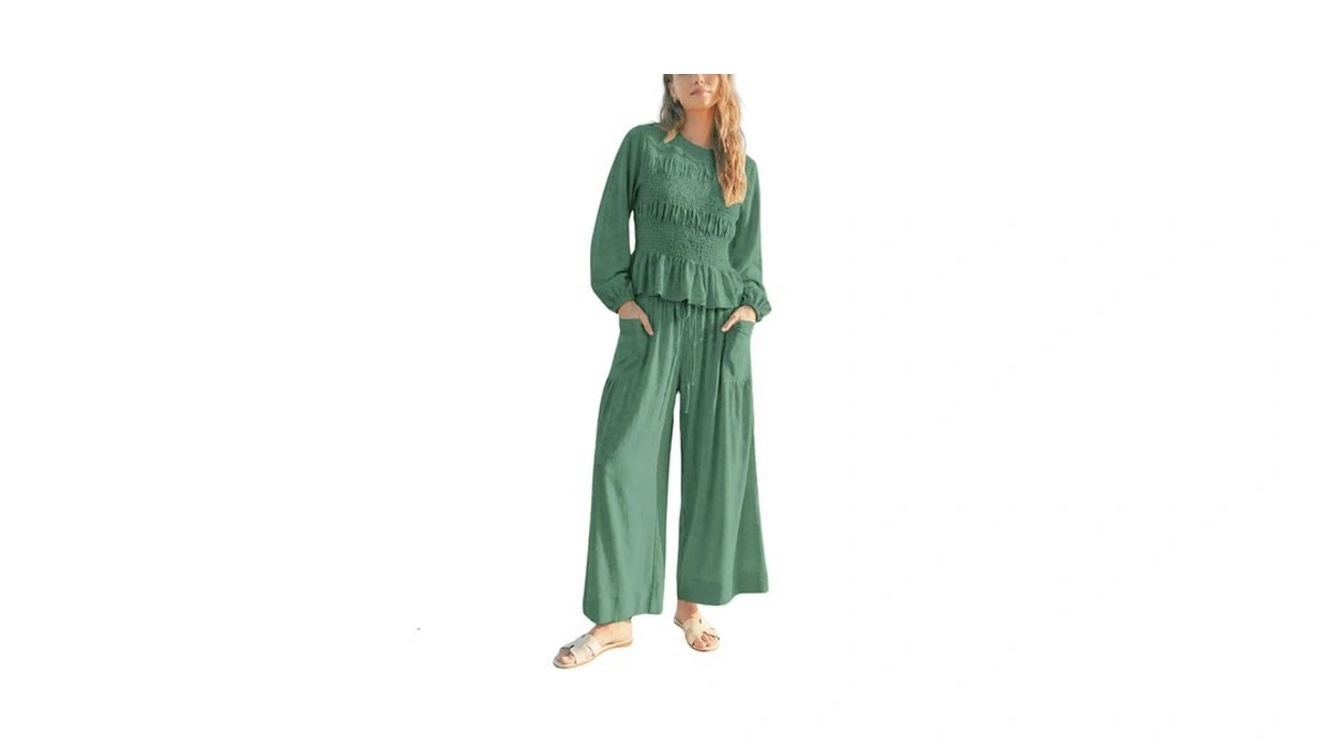Antnation Womens 2-piece Boho Long Sleeve Smocked Top & Wide