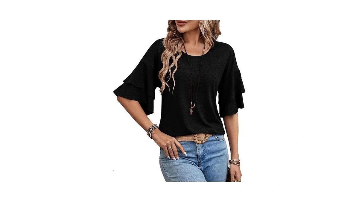 Womens Crew Neck Double Ruffle Short T-shirt Spring Summer Fall