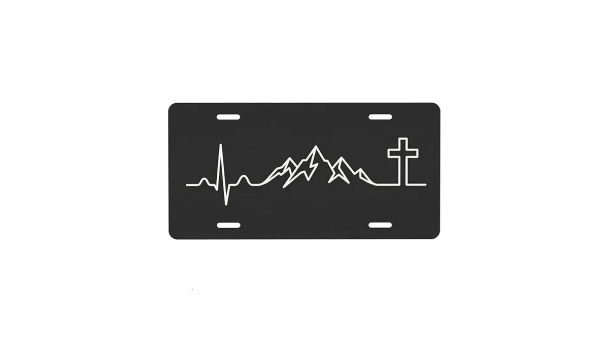 Mountain Faith Pulse Aluminum License Plate, Cross Wall Decor