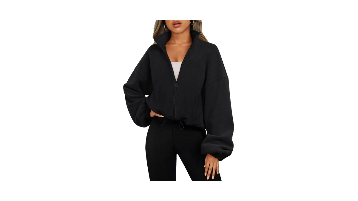Automet Womens Fleece Jackets Zip Up Oversized Cropped Sweatshirts Black