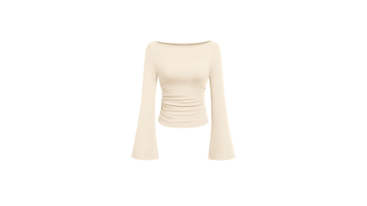 Prettygarden Womens Bell Long Sleeve Ribbed Knit Tops,beige,m