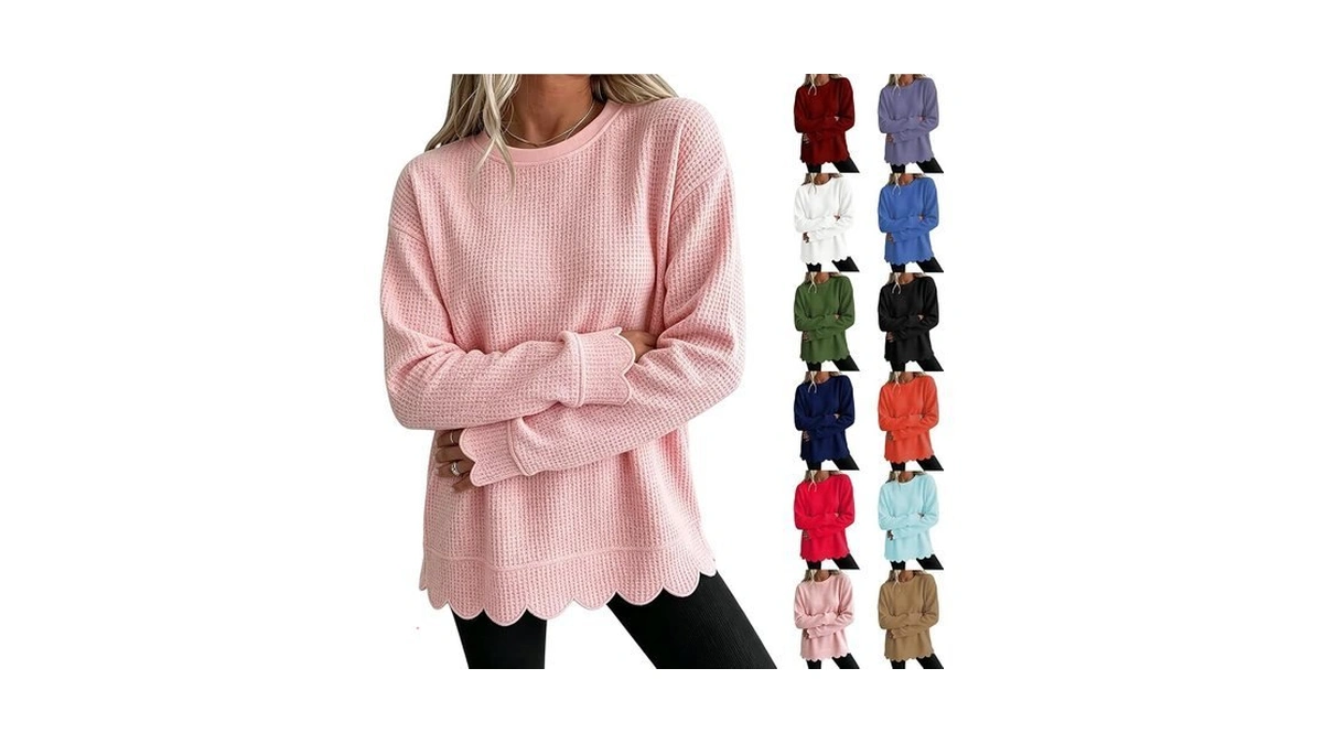 Waffle Knit Shirt Women Long Sleeve Scalloped Pull Over Sweaters