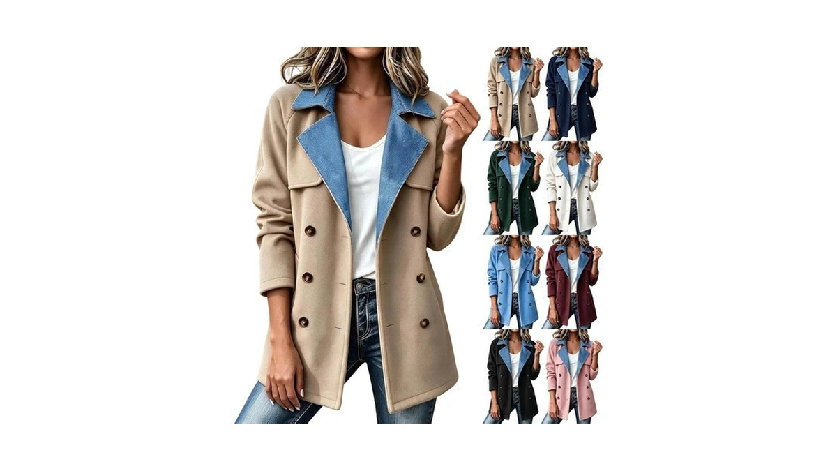 Trench Coat Women Denim Spliced Double Breasted Coat Notched Lapel