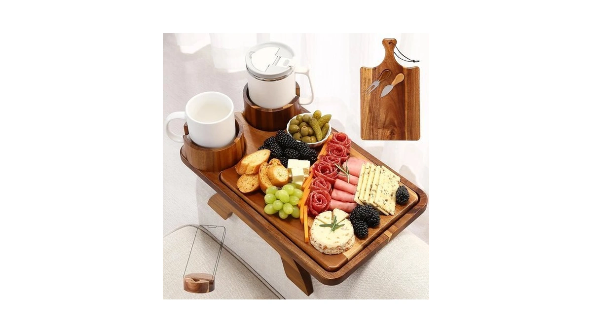 Acanacle Acacia Couch Arm Table With Charcuterie Board,15.7" X 9.8"