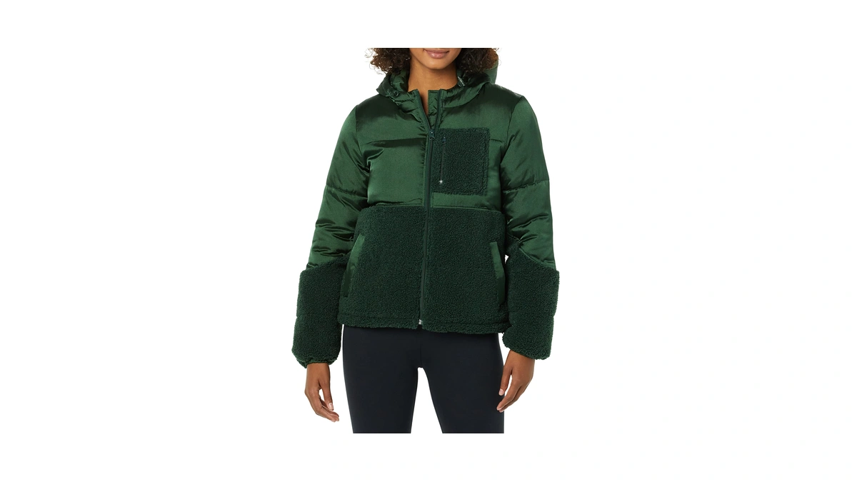 Amazon Essentials Women's Full-zip Sherpa Fleece Hooded Puffer Jacket, Dark