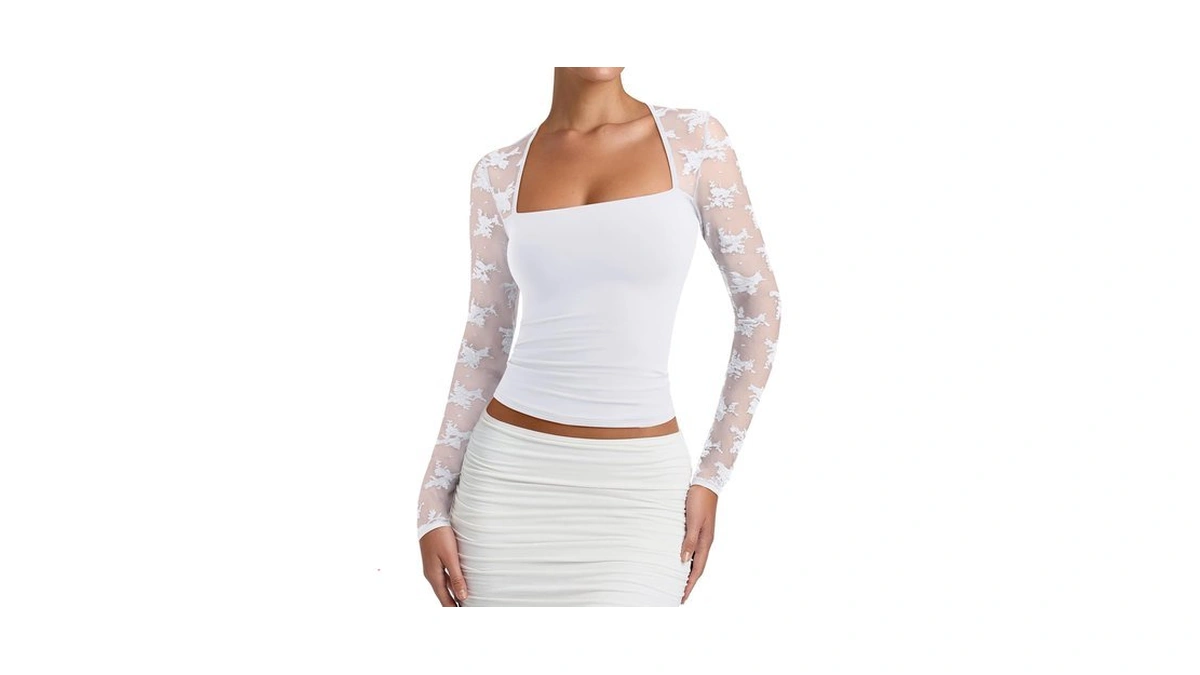 Pinkmstyle Women Lace Square Neck Tops Cute Sheer Mesh Long