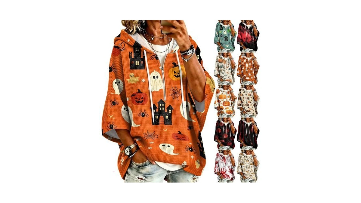 Womens Halloween Shirts Waffle Knit Pumpkin Three Quarter Sleeve T