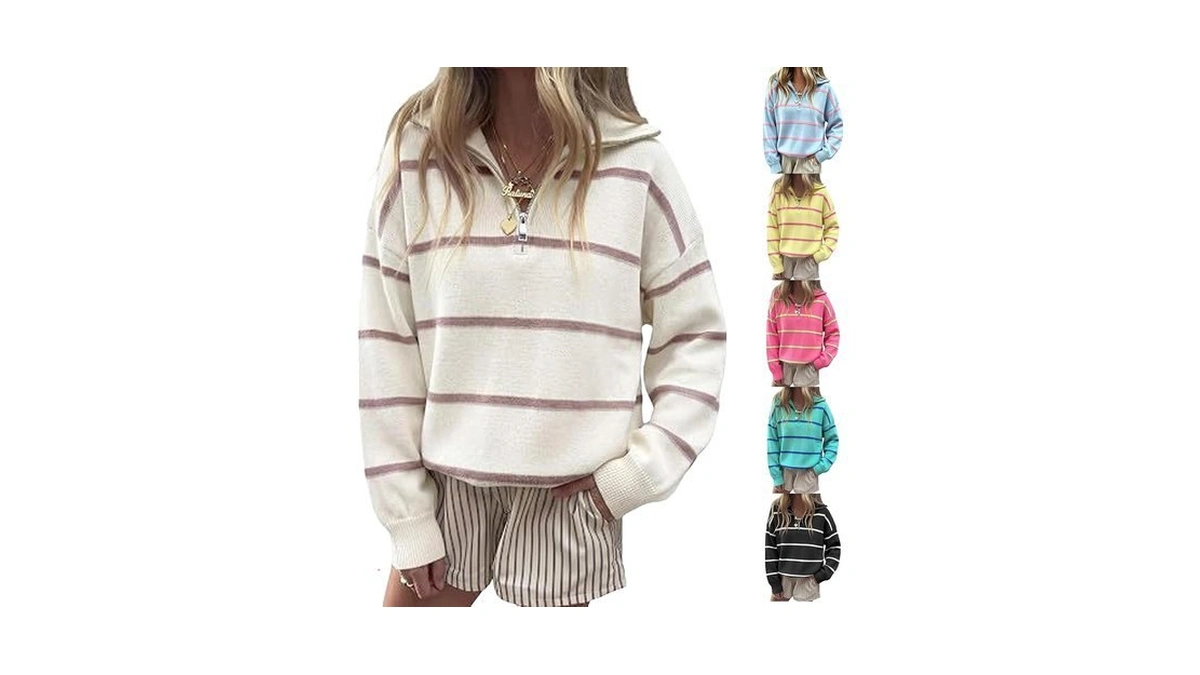 Womens Quarter Zip Striped Sweater Oversized Turtleneck Pullover Top