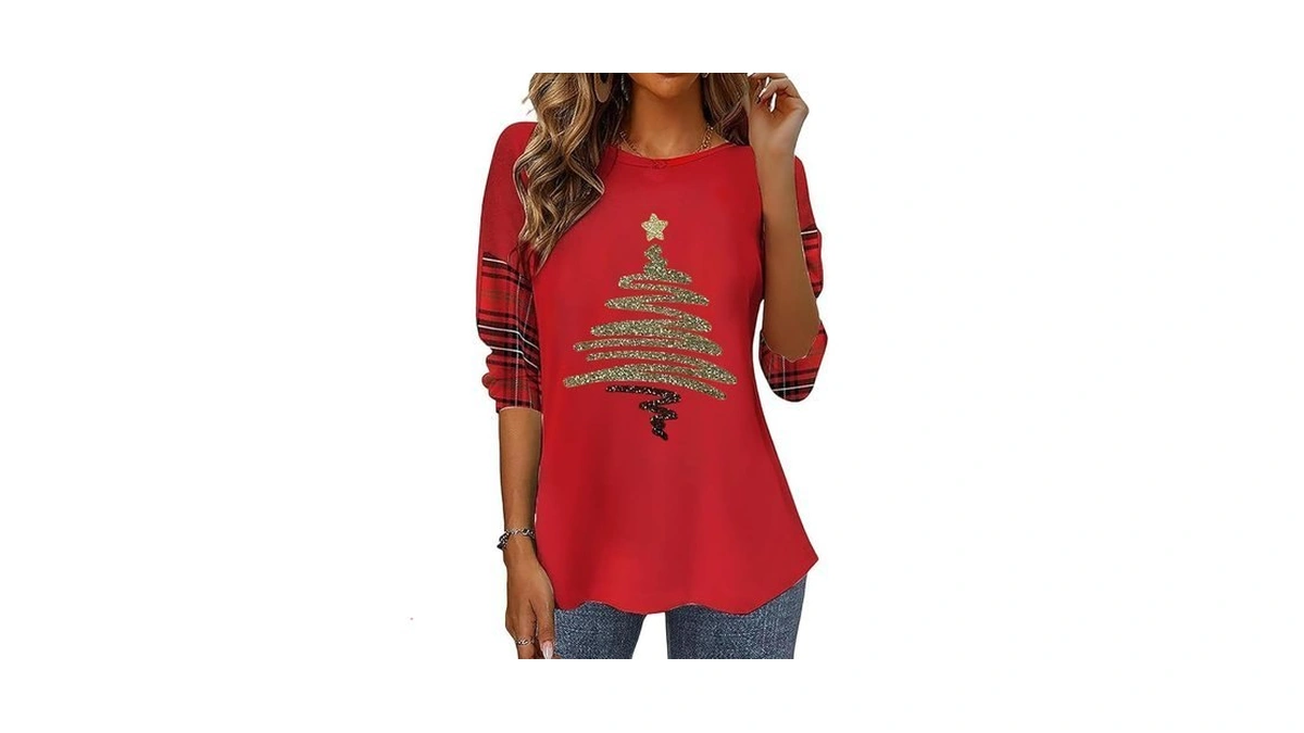 Women Christmas Sparkle Line Tree Shirt Xmas Star Graphic Top,red4,2l