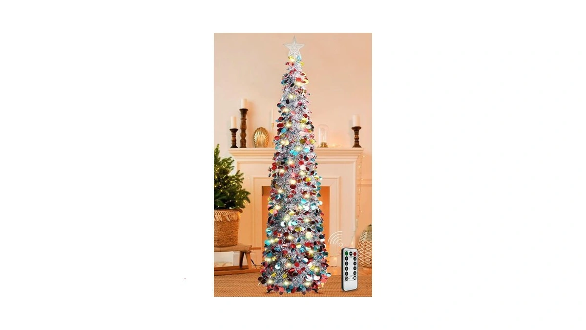 Hisffog 5ft Pop Up Christmas Tinsel Tree With 8 Rmote
