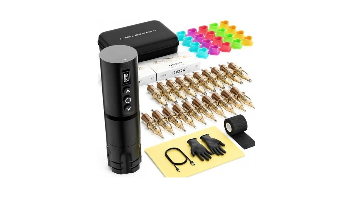 Tattoo Pen Machine Kit, 20 Cartridges & 7 Practice Inks（black）