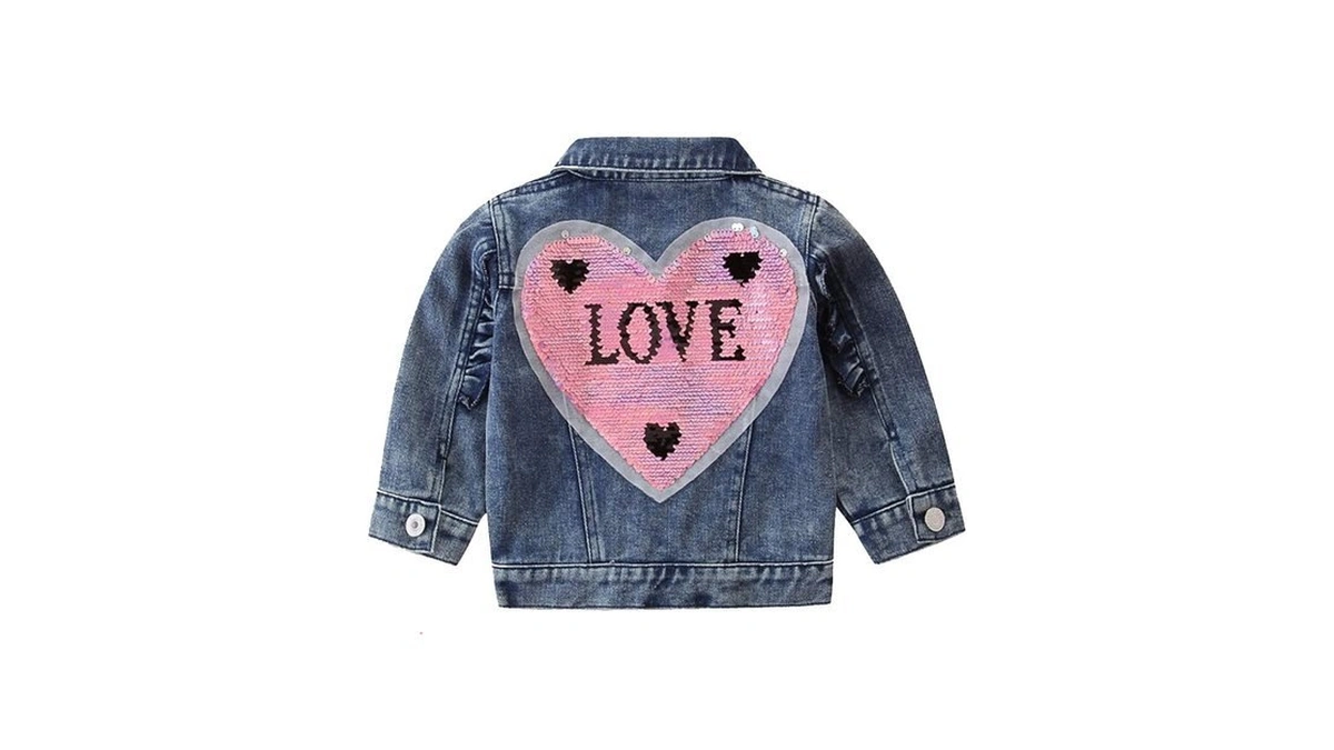 Toddler Kids Baby Girls Sequins Love Heart Denim Jacket Ruffle