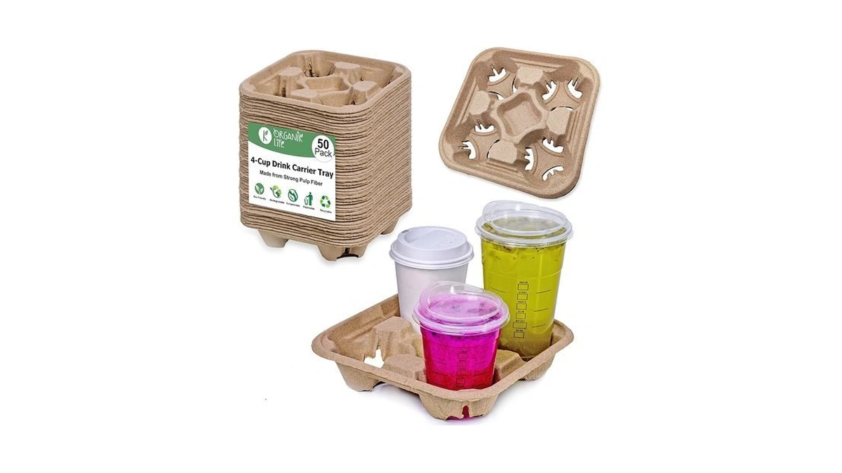 4 Cup Carrier Tray (50-pack), No-spill, No-mess Disposable Holder, Biodegradable,