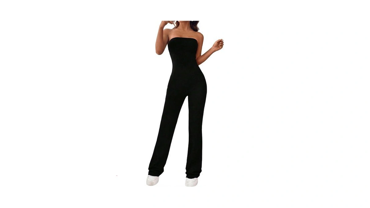 Oyoangle Women's Strapless Flare Leg Jumpsuit Sleeveless Going Out Bodysuit
