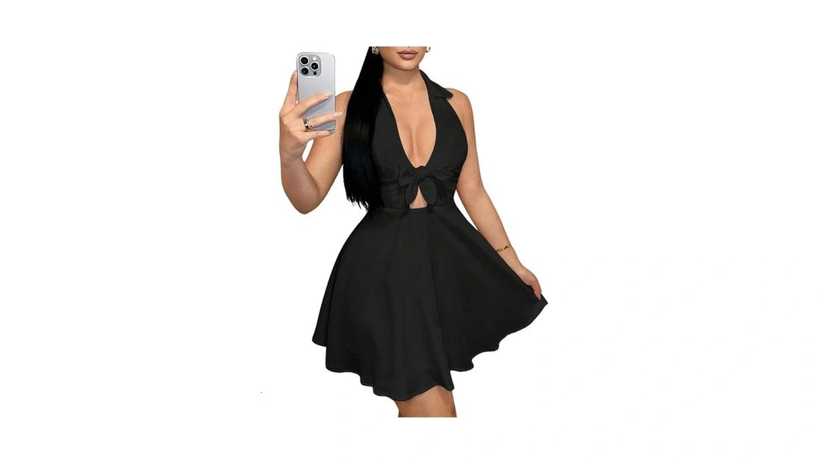 Beaudrm Women's Y2k Tie Front Halter Dresses Cut Out Deep