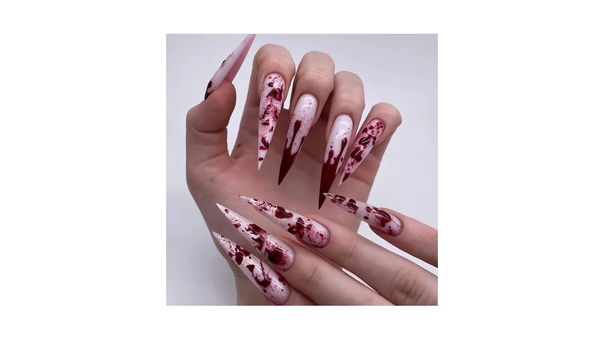 Halloween Blood Press On Nails Long Stiletto Fake Nails Red