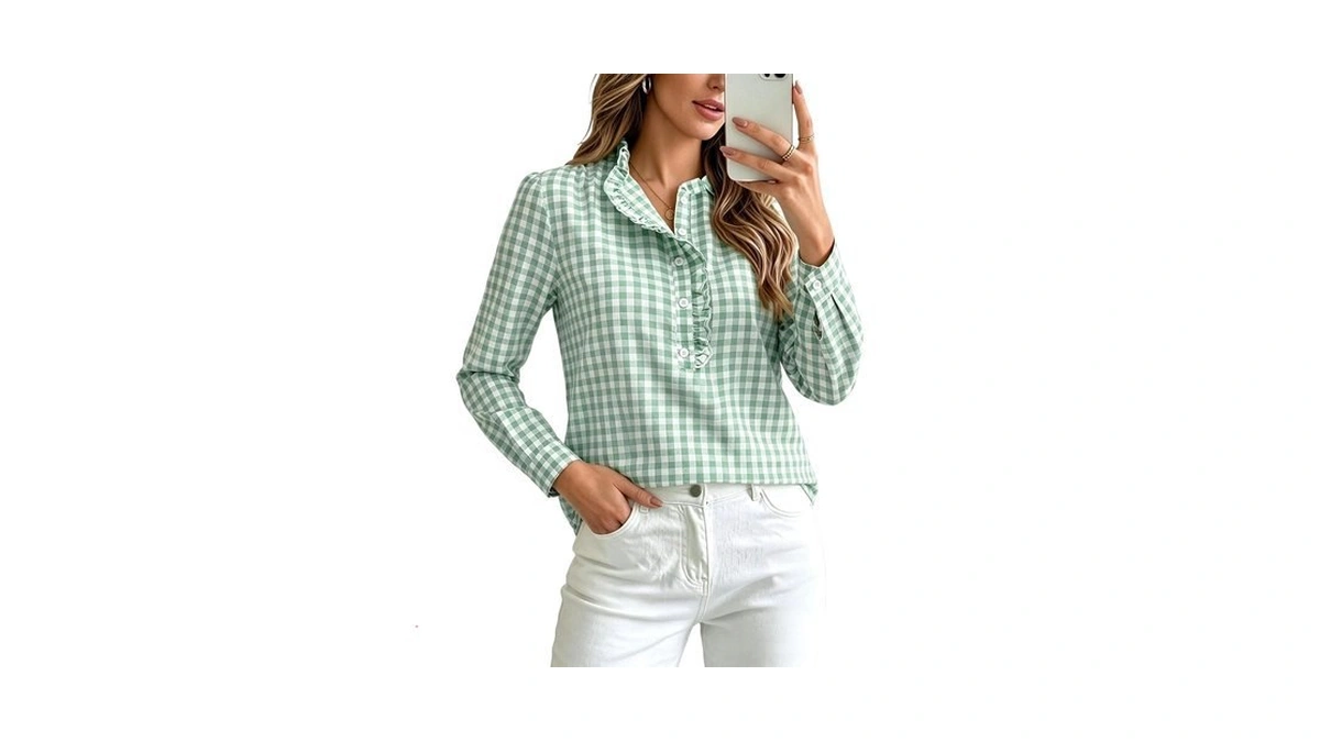 Halife Womens Loose Puff Sleeve Tops Ruffle Collared Vneck Gingham