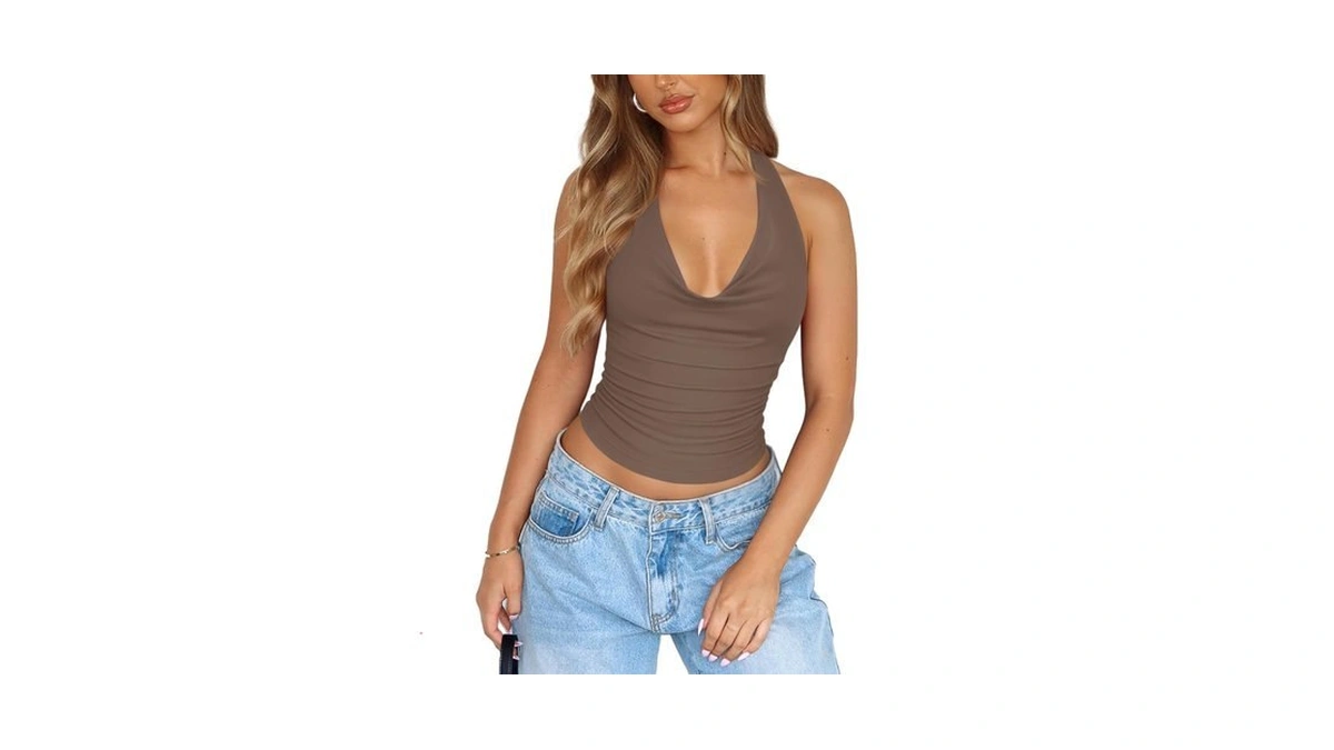 Pinkmstyle Womens Sexy Cowl Neck Halter Backless Crop Top Double