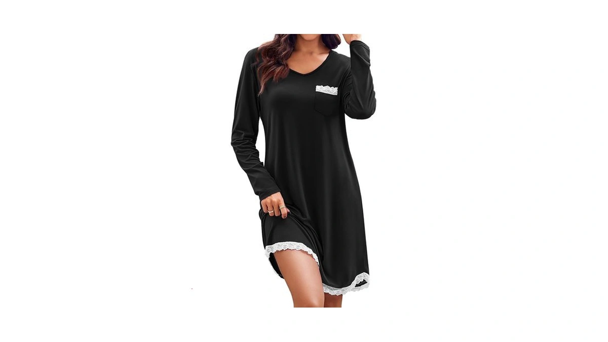 Ekouaer Womens Long Sleeve Nightgowns Sleep Shirts Night Shirts Black