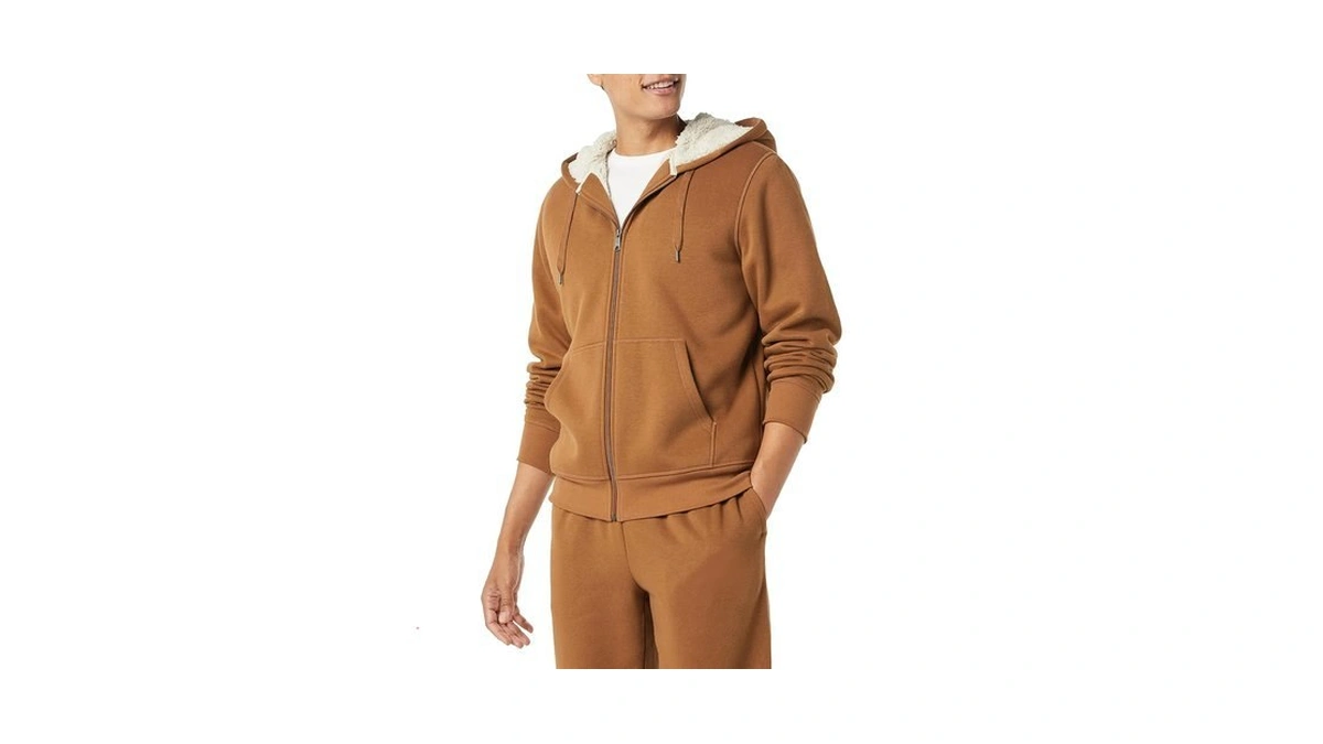 Amazon Essentials Men's Sherpa Lined Full-zip Hooded Fleece Sweatshirt, Toffee